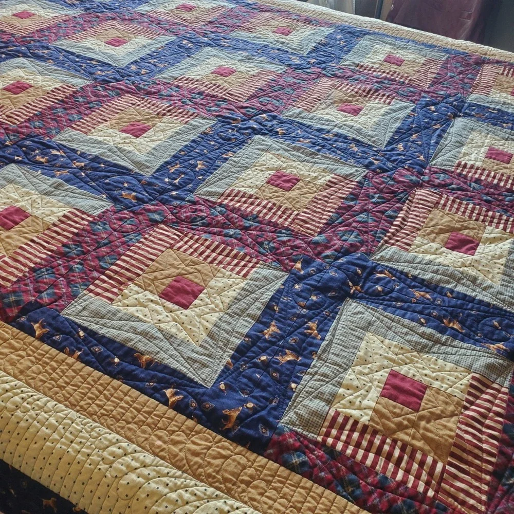 Handmade Log Cabin Patchwork Quilt Navy Blue Burgundy Plaid Dog Print 70x82
